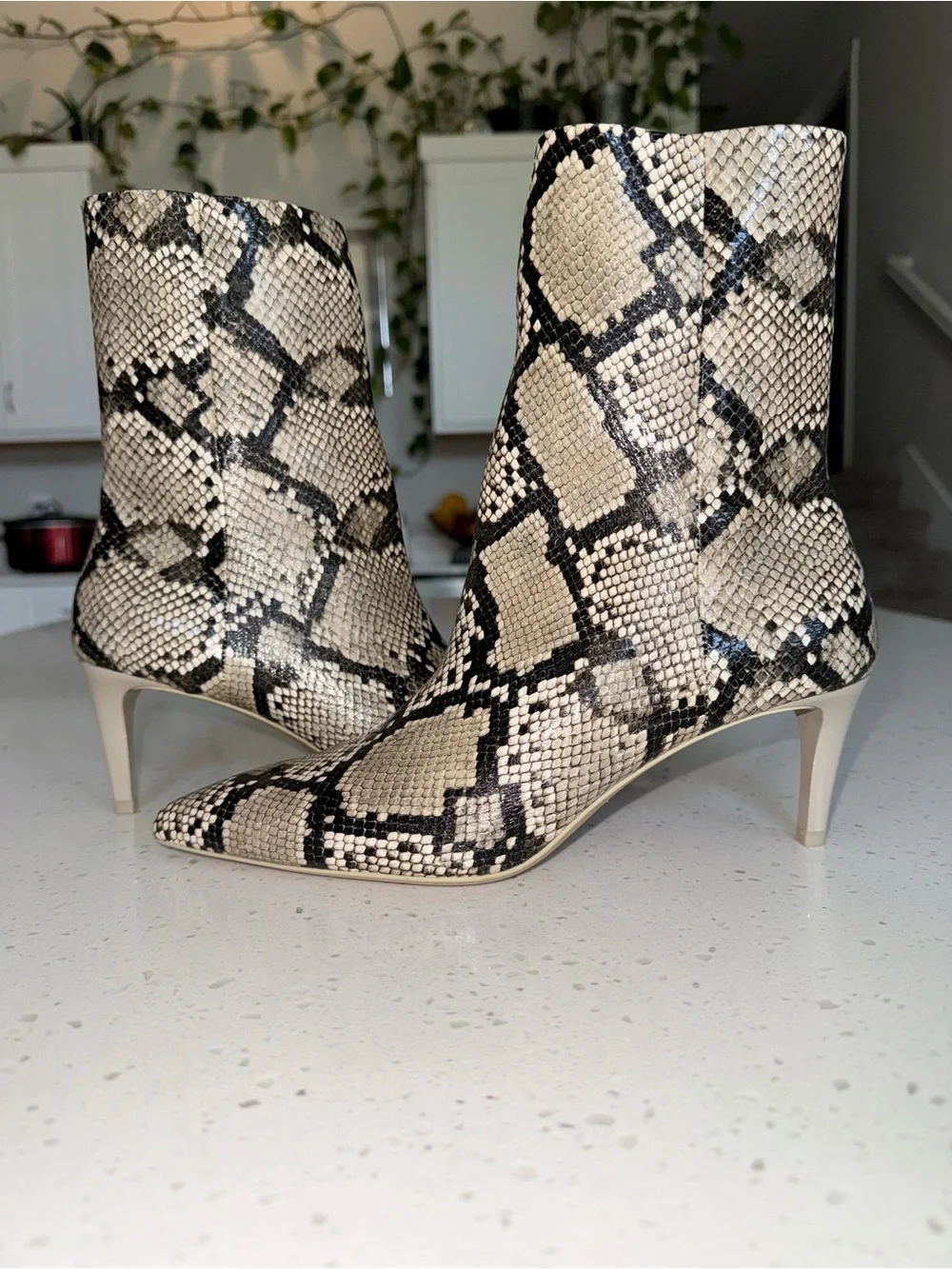 H&M Beige and Black Snake-Print Pointed Ankle Boots